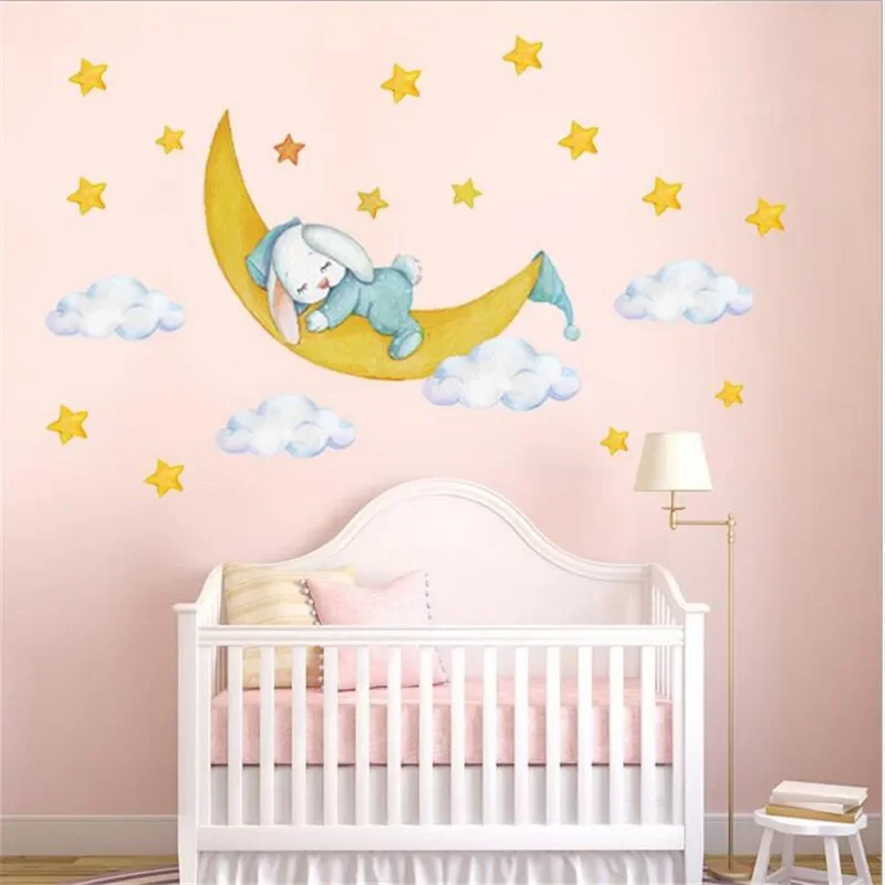 2024 Cartoon Sleep Rabbit Moon Wall Stickers for Kids Bedroom Kindergarten Wallpaper PVC Bathroom Accessories Festival Gift