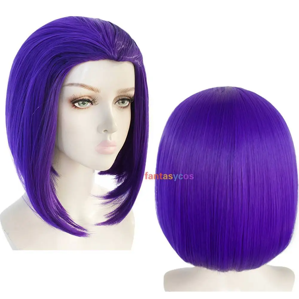 Raven cosplay perucas roxo curto bob cabelo reto com pico da viúva resistente ao calor sintético festa de halloween traje perucas