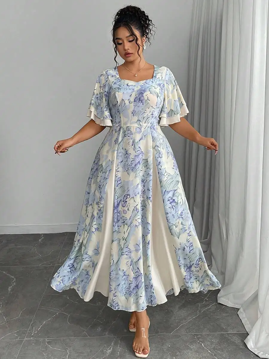 Plus Size Floral Print Square Neck Flutter Sleeve A-Line Midi Dress view 6