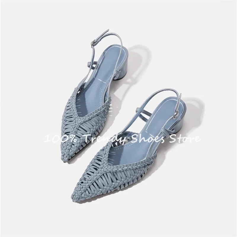 

Roman Weaving Narrow Band Pointed Toe Women Sandals Summer Breathable Hollow-Out Chunky Heel Slippers Ladies Casual Shoes