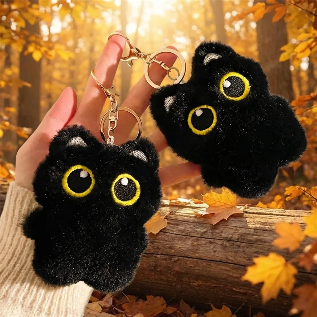 Niedlicher schwarzer Katzen-Plüsch-Schlüsselanhänger, quietschendes Spielzeug, Ins-Stil, weiche gefüllte Katzenpuppe, matschiger Taschenanhänger, kuscheliges Spielzeug für Jungen und Mädchen, Geschenk