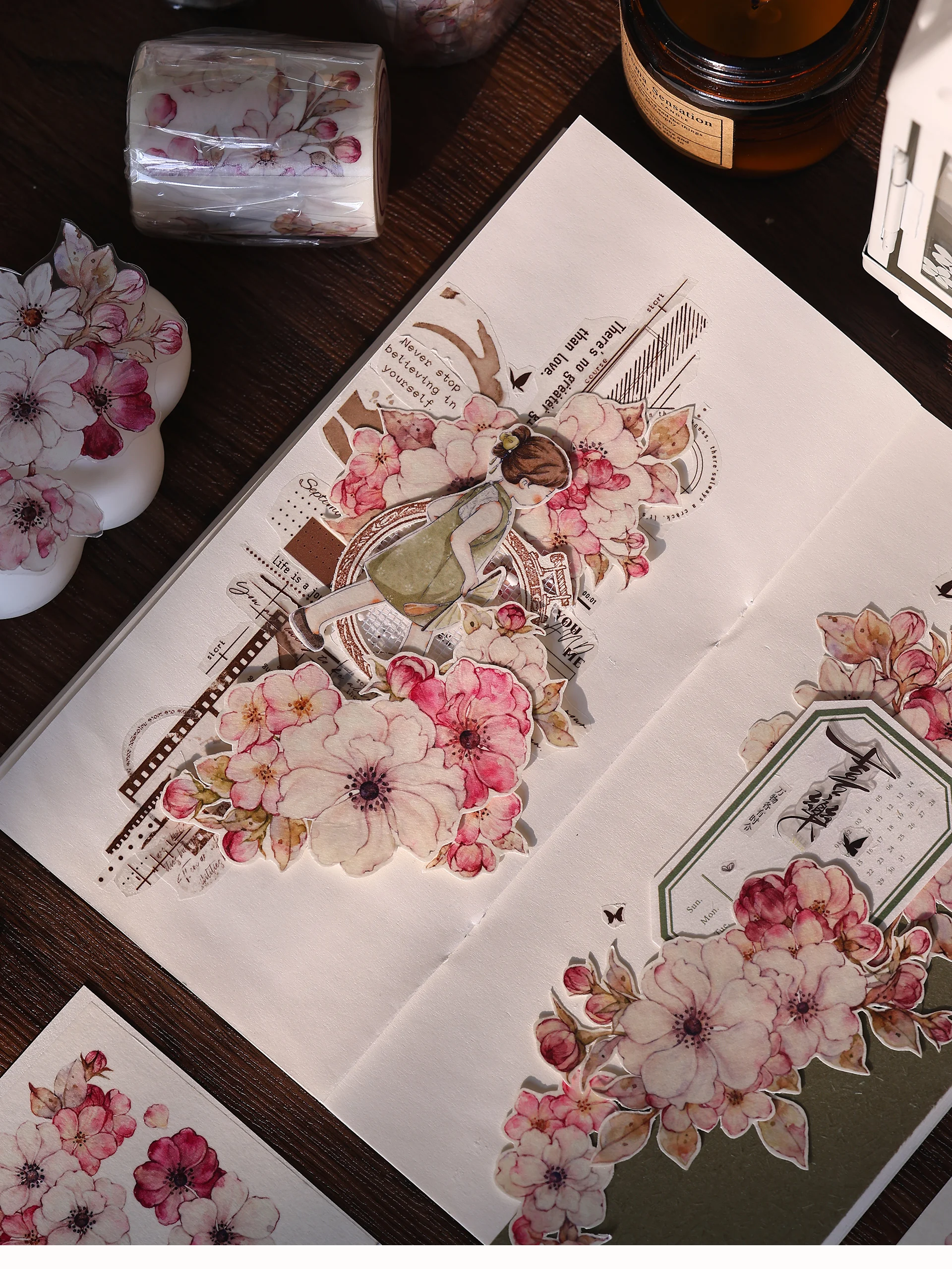 Taoyao Light Retro Pink and White Big Flower Washi PET Journal Sticker Goo Card Tape