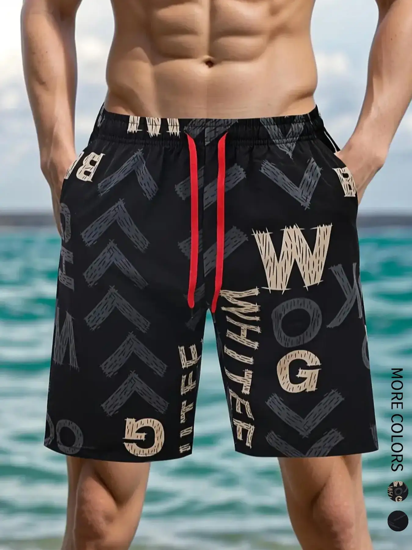 A Men's Sports Casual Shorts with Drawstrings and Stretch Trousers, Letter Printing, Trendyy and Fashionable, Contrasting Color Style, Suitable for Running, Hiking, Beach and Casual Wear