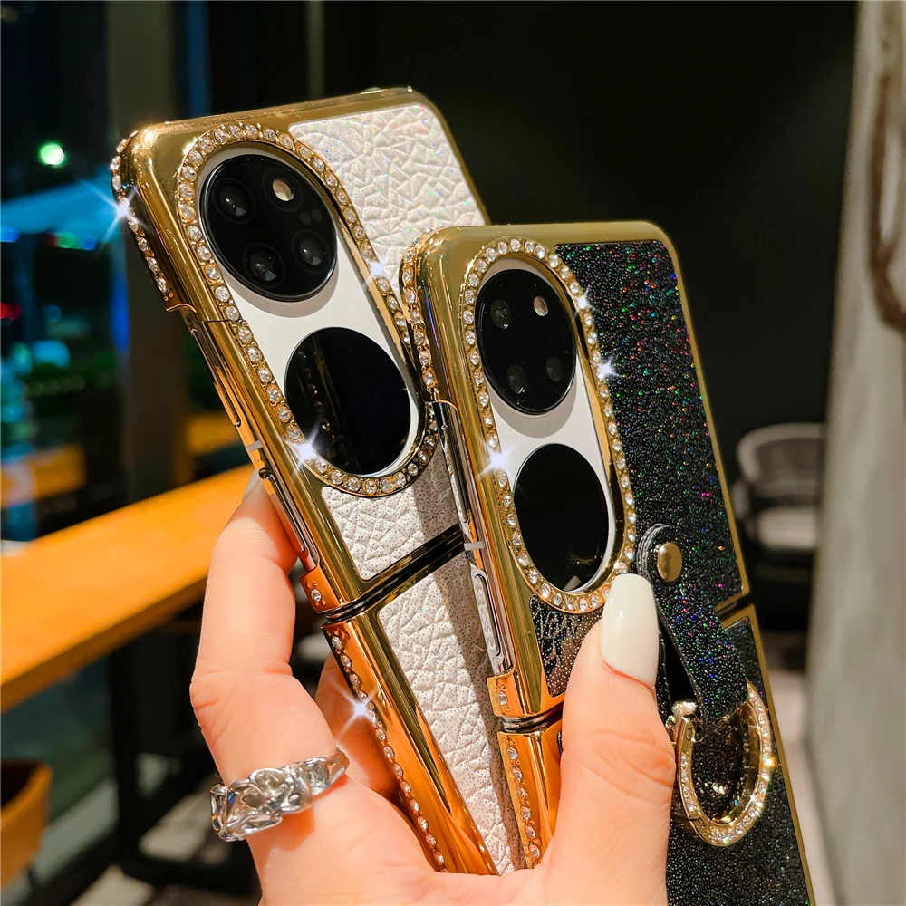 Fashion Woman Glitter Leather Case for Huawei P50 Pocket Case Luxury Plating Gold Bling Diamond Ring Hard Phone Cover Cases image 4