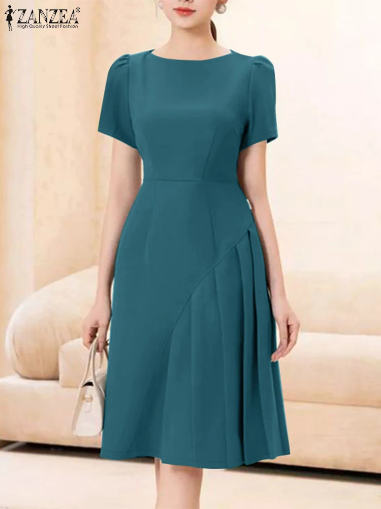 20245ZANZEA Summer Elegant Office Work Dress Women O Neck Short Sleeve Solid Sundress Fashion Casual Knee-length Vestidos Robe