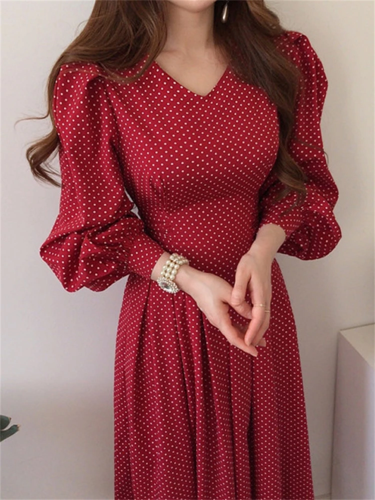 Spring Women Fashion French Vintage Long Dress 2024 One Piece Ladies Dot Print Vestdios Femme Porm Dresses Autumn