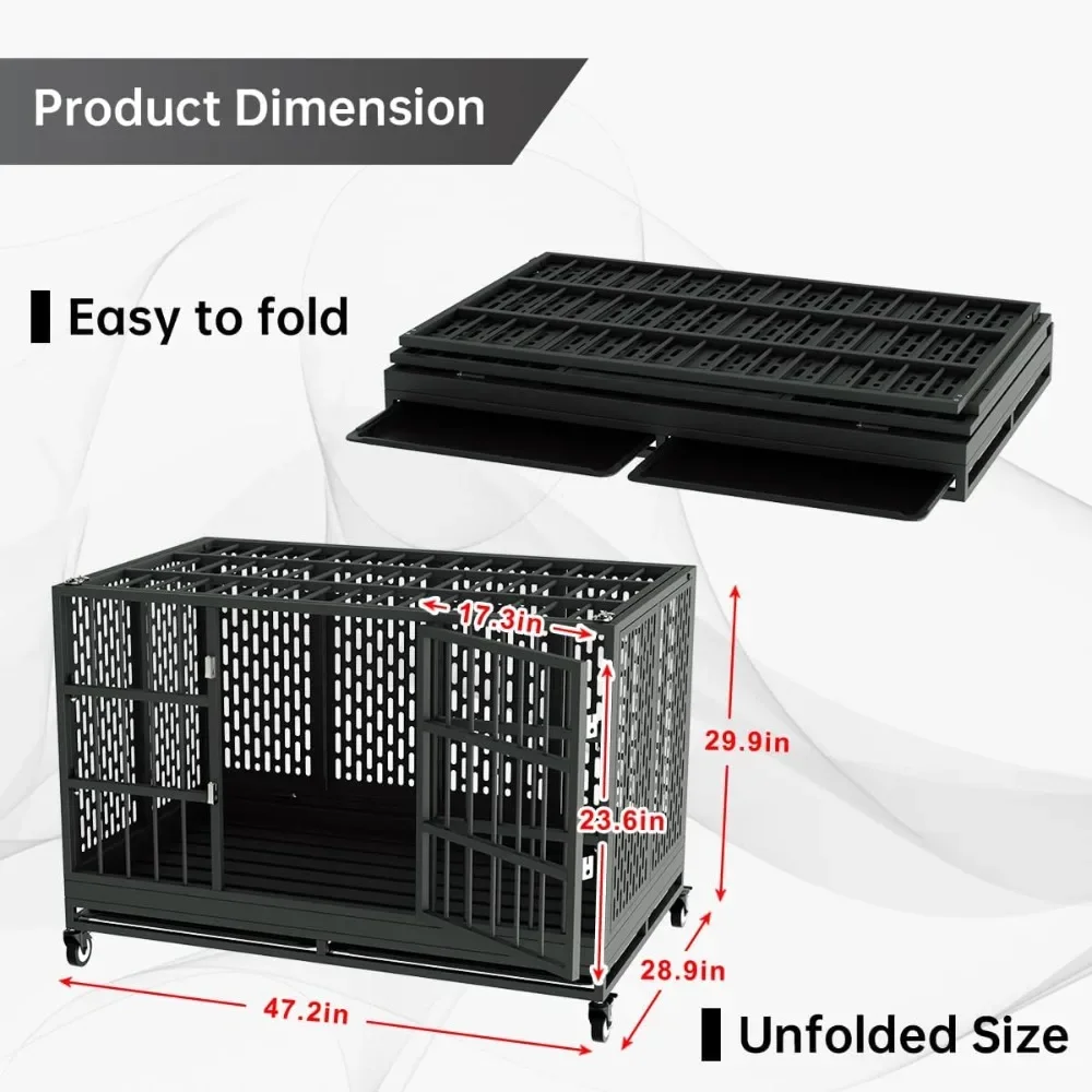 48 Inch Heavy Duty Dog Crate with Wheels, Folding Metal Big Dog Cage for Large and Medium Dogs