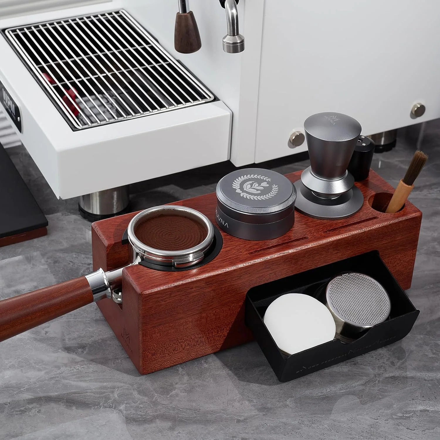 MUVNA Espresso Tamping Station, Organizer Station Drawer, Portafilter Holder, Puck Screen Filters Stand, Fits 51/54/58MM Tamper