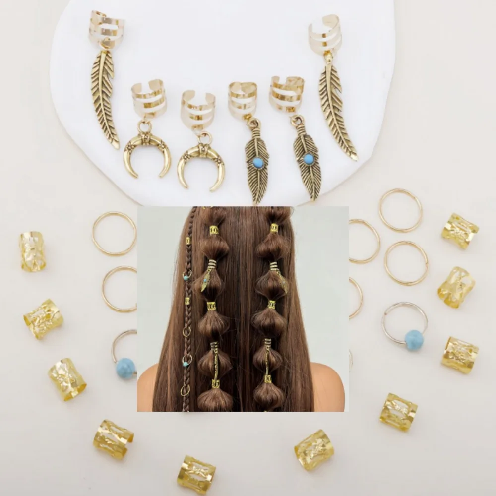 31Pcs Hair Braids Retro Golden Leaves Moon Blue Beads Hair Dreadlocks Beads Hair Rings Decorations Styling Tools Women Wholesale