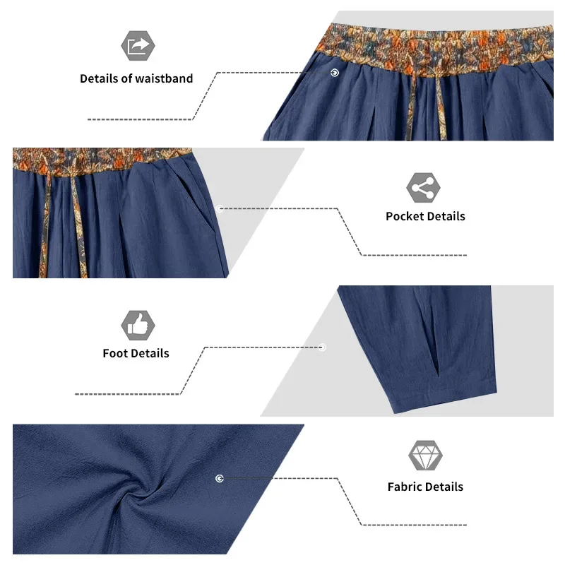 Herren 95% Leinen Haremshose Boho Blumenmuster Kordelzug Taille Lässige Weite Hose Strand Urlaub Knöchellange Hose – Detail 18