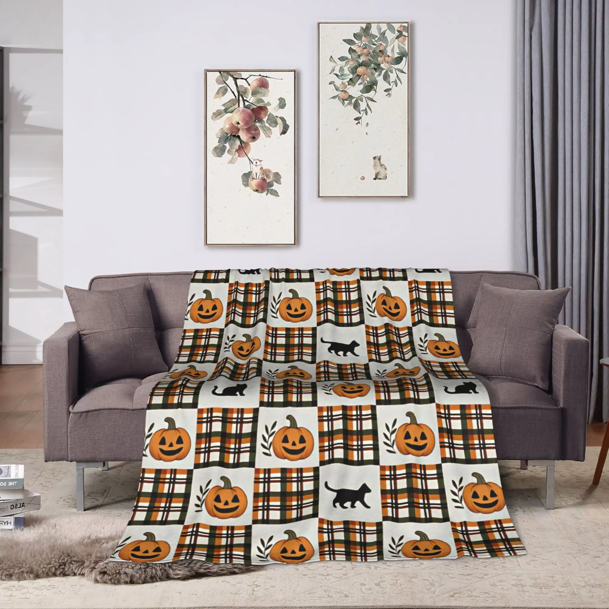 Halloween Plaid Black Cat Pumpkin Checkered Seamless Pattern Blanket Warm Comfy Throw Blanket Child Outdoor Travel Car Bedspread