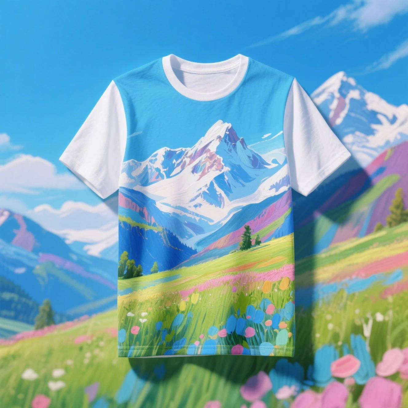 

Blue Mountain Landscape T-Shirt - Scenic Nature Print Tee, Artistic Travel Inspired Casual Trendy Earth Tone Streetwear