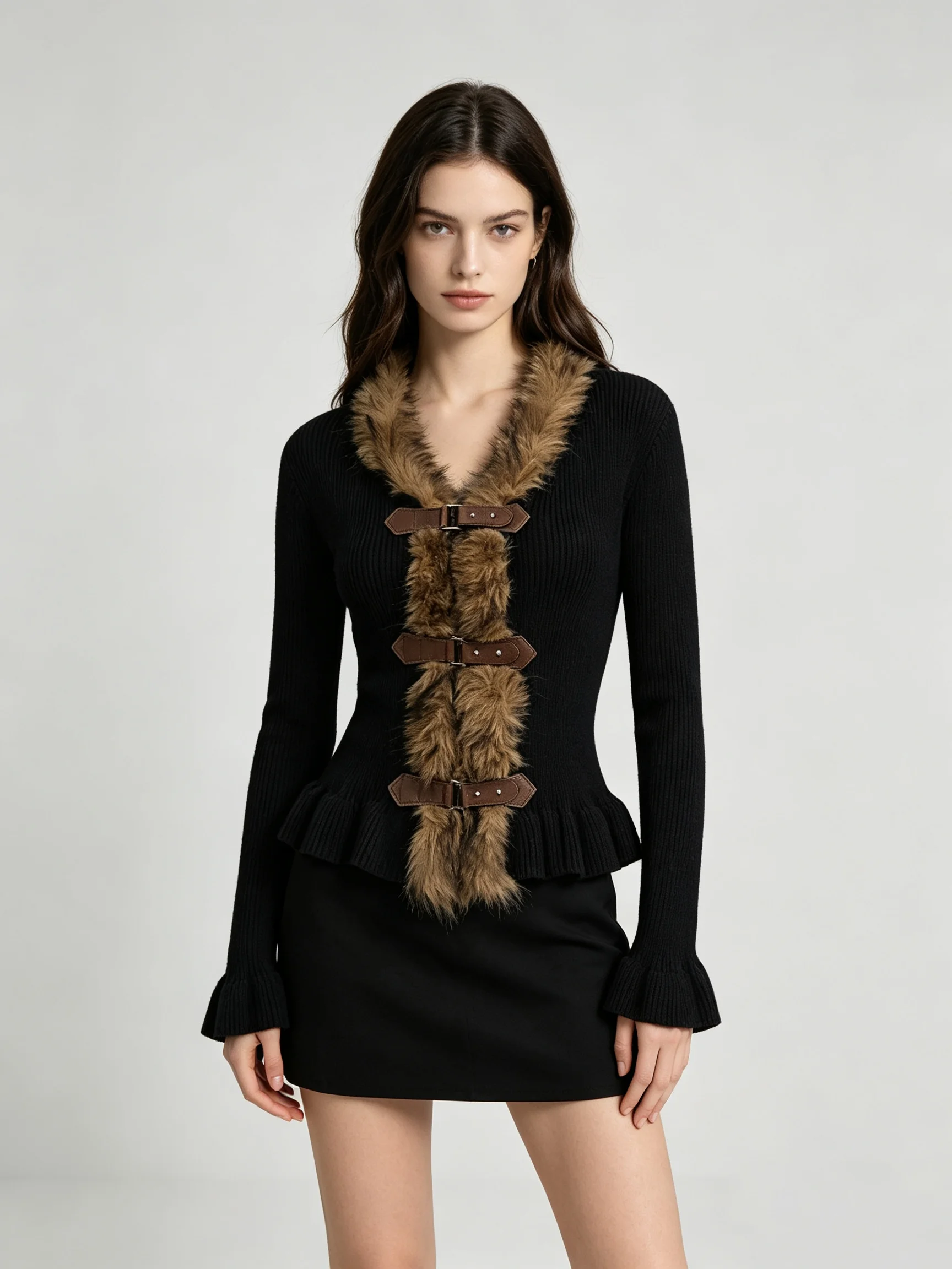 Ladies Fitted Knit Cardigan Faux Fur Placket Buckle Ruffle Hem Sweater