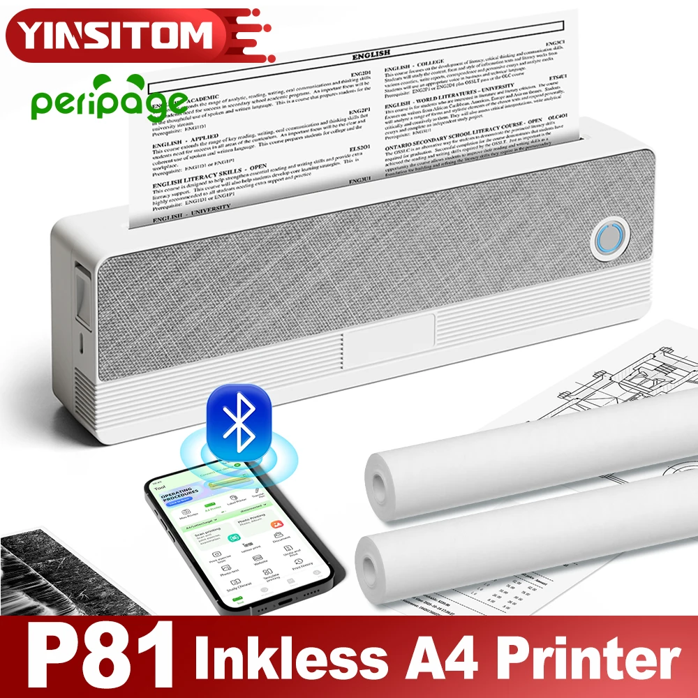 P81 A4 Portable Thermal World BT Printer Wireless Connect with Mobile or Computer 56mm/77mm/107mm/210mm/216mm(2in/3in/4in/8in)