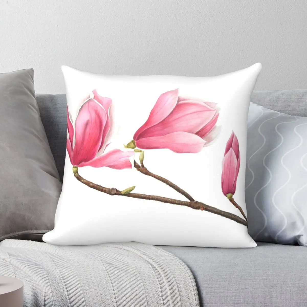 Magnolia Pillowcase Polyester Linen Velvet Pattern Zip Decor Bed Cushion Case 45x45