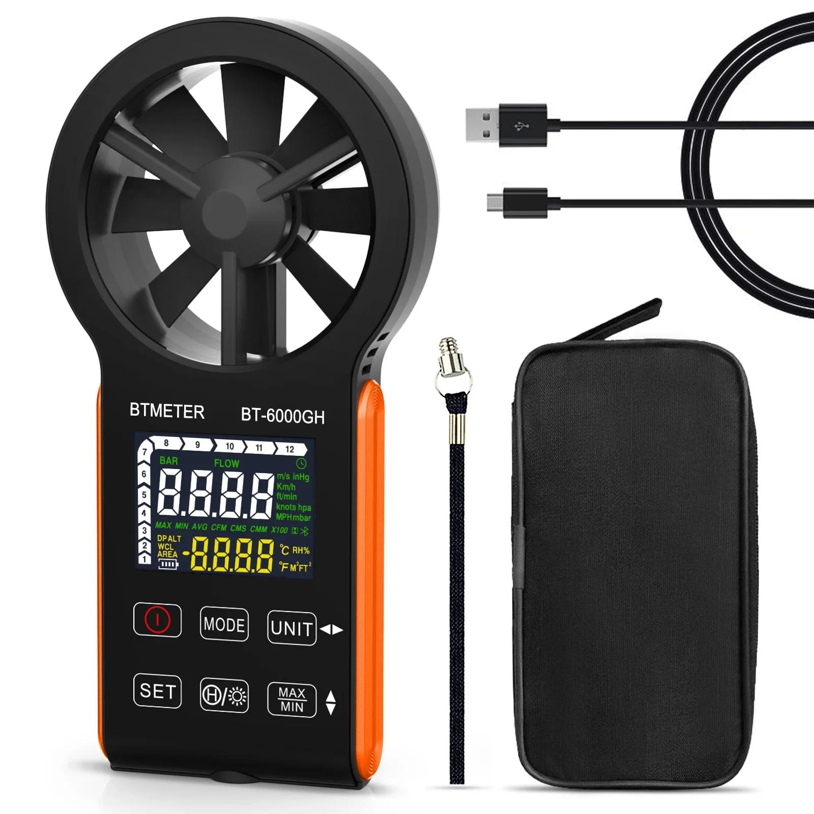 Anemômetro Digital Velocidade do Vento 0.330 m s Tecla de Toque Recarregável Temp Máximo Max & Min Teste do Volume de ar Btmeter-bt6000gh-c