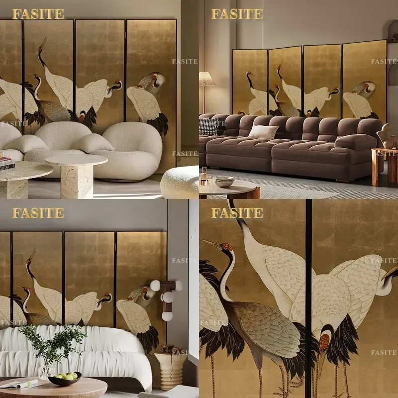 For Hand Painted Gold Foil Screen Lacquer Painting Living Room Partition Tea Room Background Home Folding
