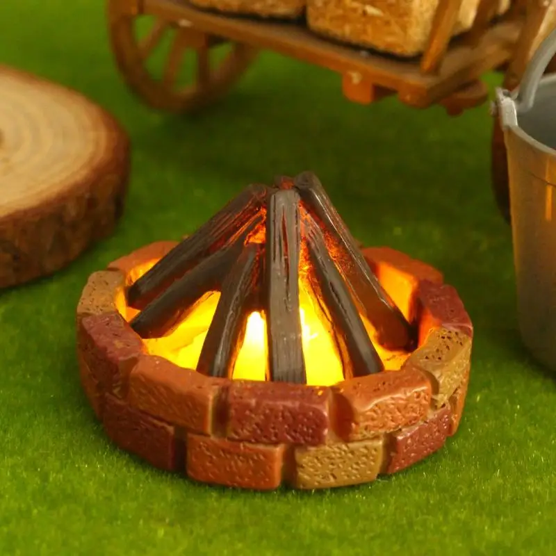 Doll House Accessories 1:12 Dollhouse Miniature LED Bonfire Camping Scene Model Decor Toy