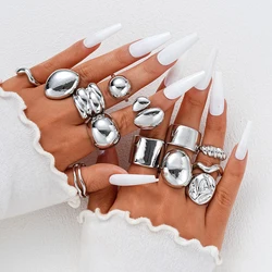 13 Pcs Punk Smooth Open Ring Set Fashion Silver Color Smooth Geometric Adjustable Metal Rings Women's Aesthetics Party Jewelry