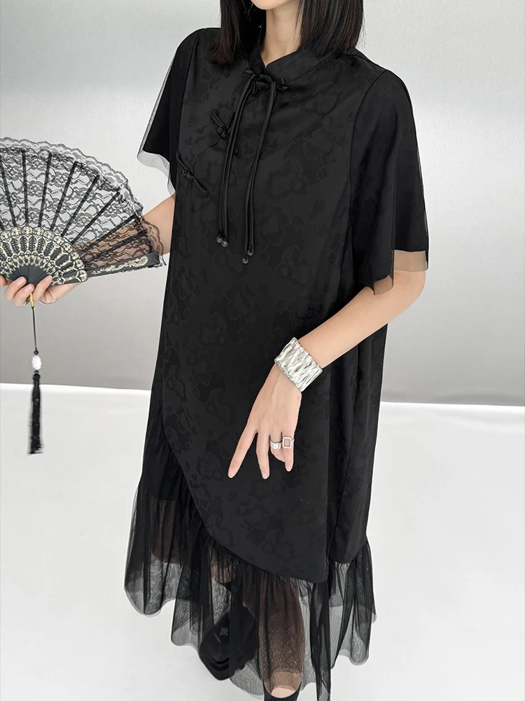 [EAM] Women Black Mesh Hem Big Size Vintage Dress New Stand Collar Sleeve Fashion Tide Spring Summer 2024 1DH6494 1DH6494