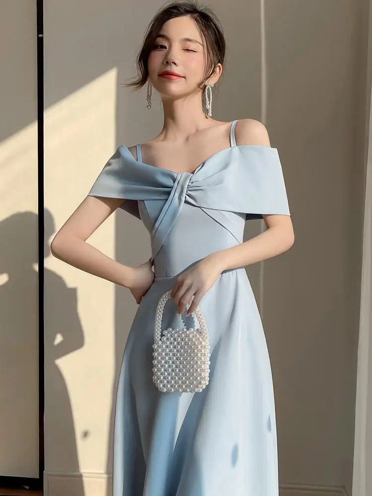 Romantic Blue Bridesmaid Dress Elegant Satin Sweet Bow Off Shoulder Sisters Graduation Gown A-Line Wedding Female Guests Dresses