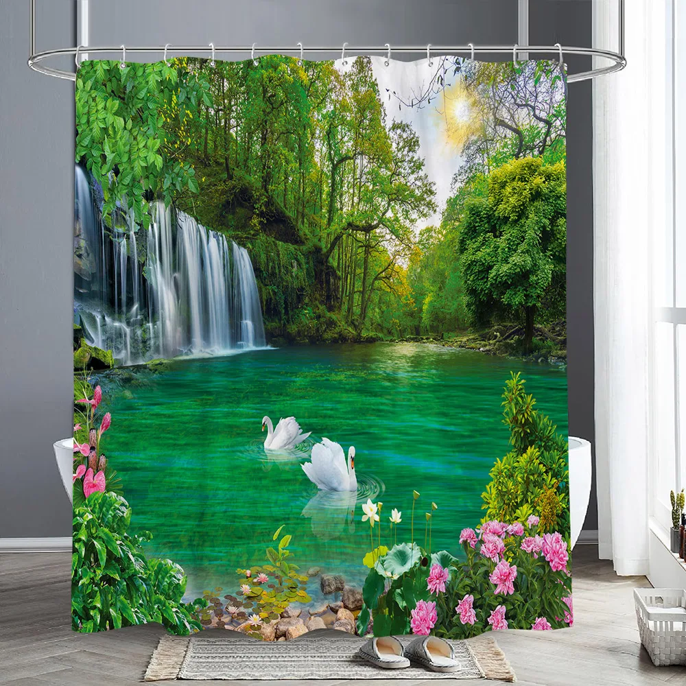 Waterfall Scenic Shower Curtain Landscape Nature Outdoor Landscape Pond Animal Polyester Fabric Shower Curtains Bathroom Decor