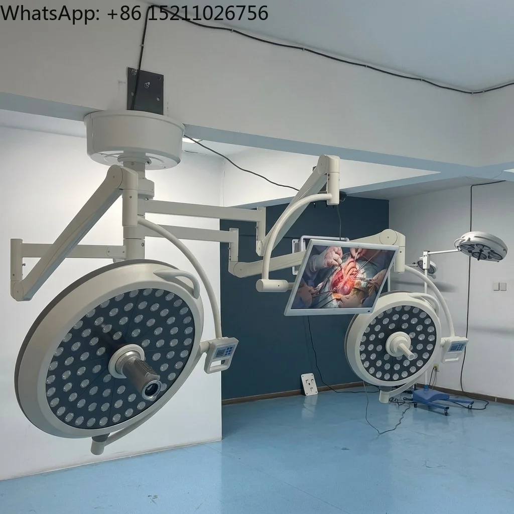 Double Head Medical Exam Light with Integrated Camera and Video Display Ceiling Mounted Surgical Shadowless Operating Lamp