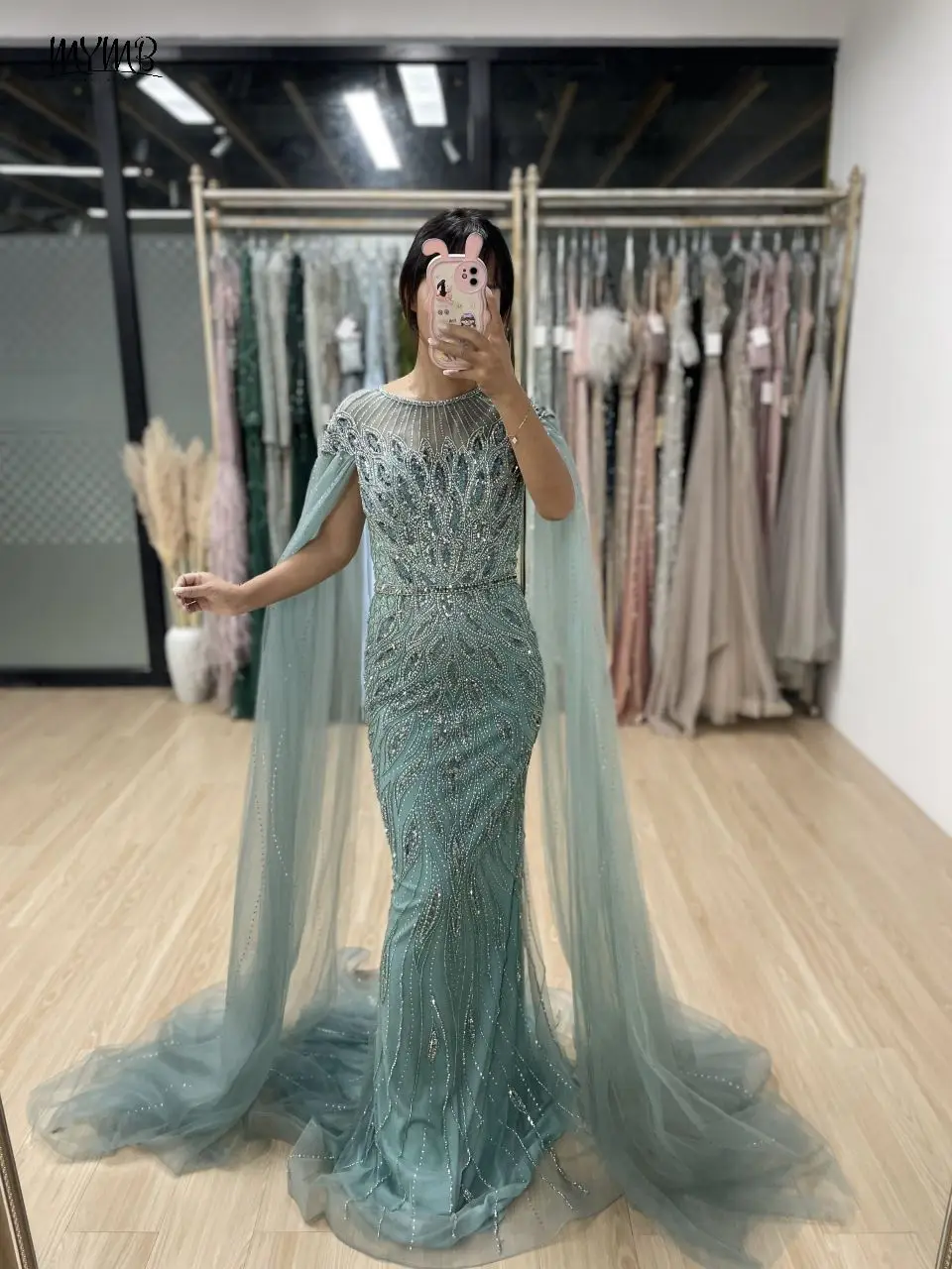 MYMB Green Luxury Peacock Print Mermaid Women Winter Evening Party Dresses Dubai Elegant Cape Sleeves Wedding Guest Gown MB40098