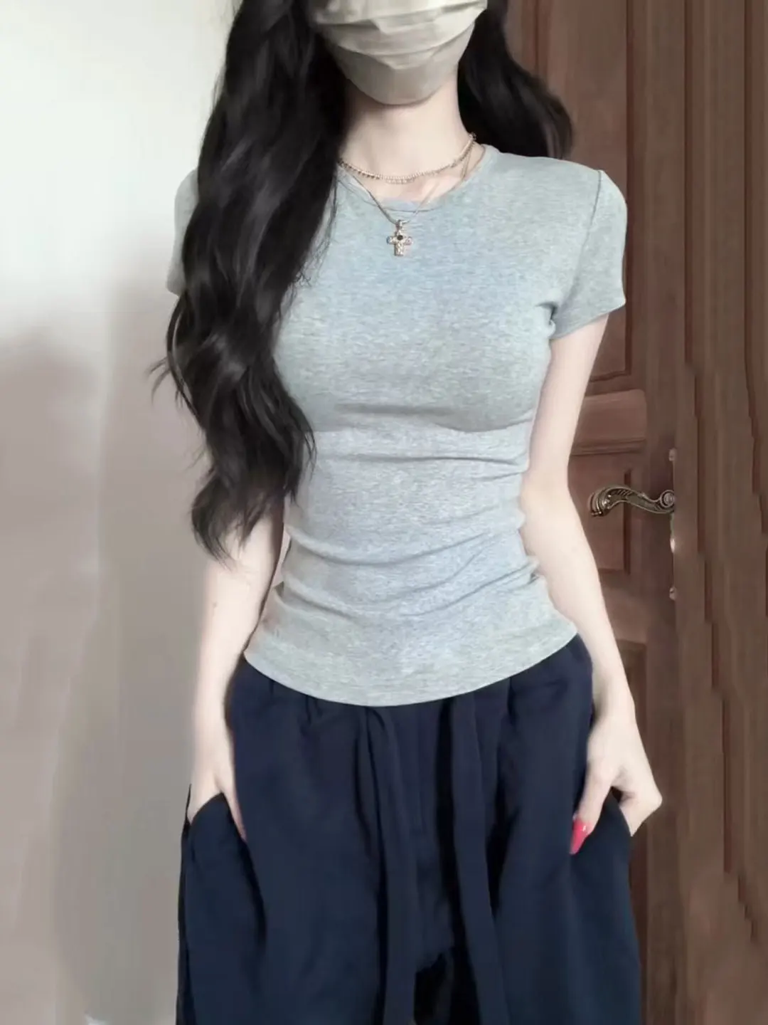 Slim Fit Pure Cotton round Neck T-Shirt Women Summer Waist Cinching Short Sleeve Basic  Color Versatile Chic Girl Top