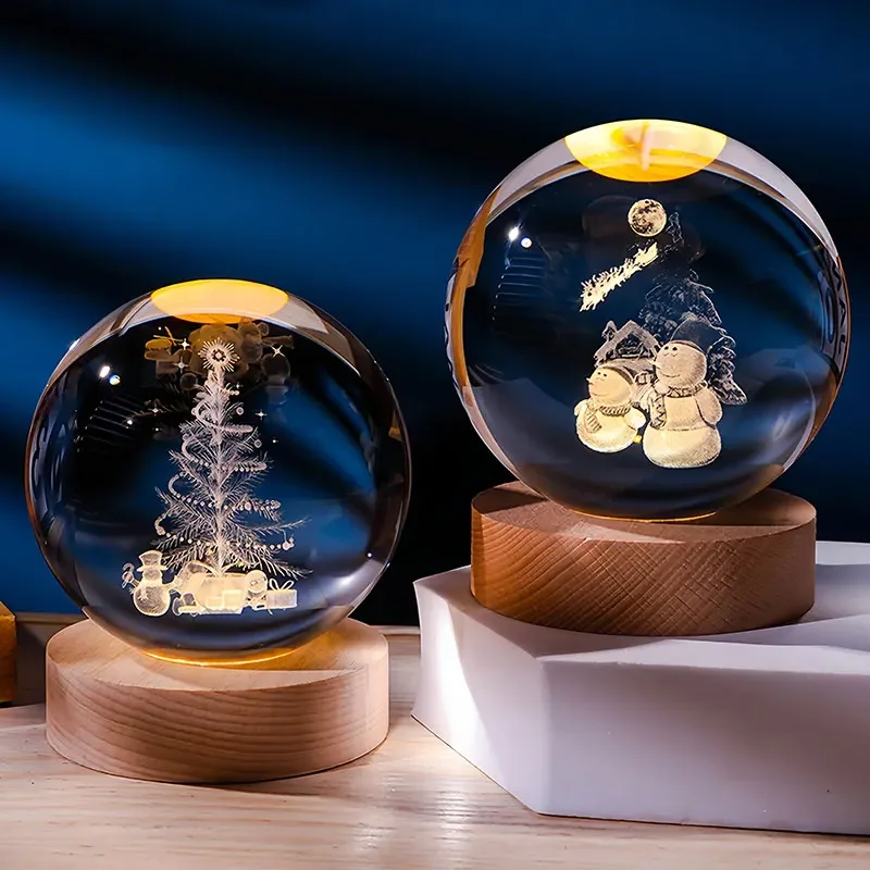 6cm Wooden Base 3D Crystal Ball planet Laser Engraved Glass Sphere  Christmas Thanksgiving Gift Home Decoration Ornaments Crafts