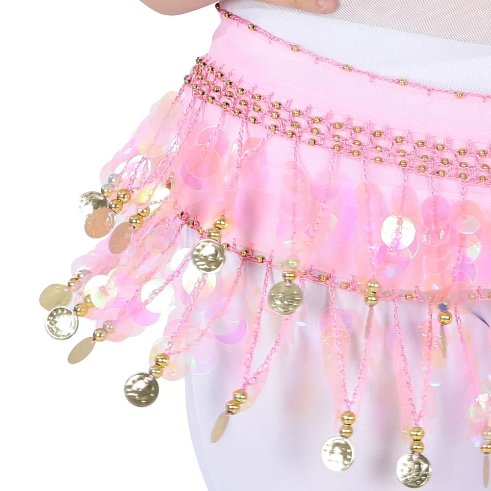 Bellydance Hip Scarf with Dangling Sequins for Belly Dancer Waist Chain Skirts Wrap 11 Colors Cute Stage Dance Wear for Women