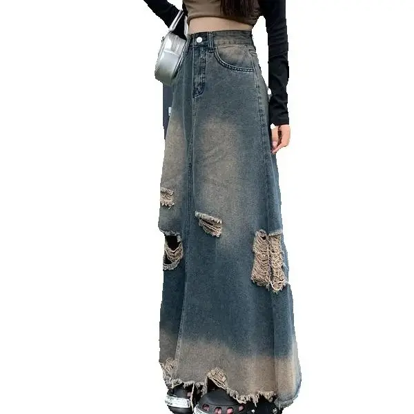 Schwerindustrie Nostalgischer Retro-Jeansrock mit gewaschener hoher Taille, neues Design, schlank, Frühling und Herbst, neues gewaschenes Loch, roher Rand