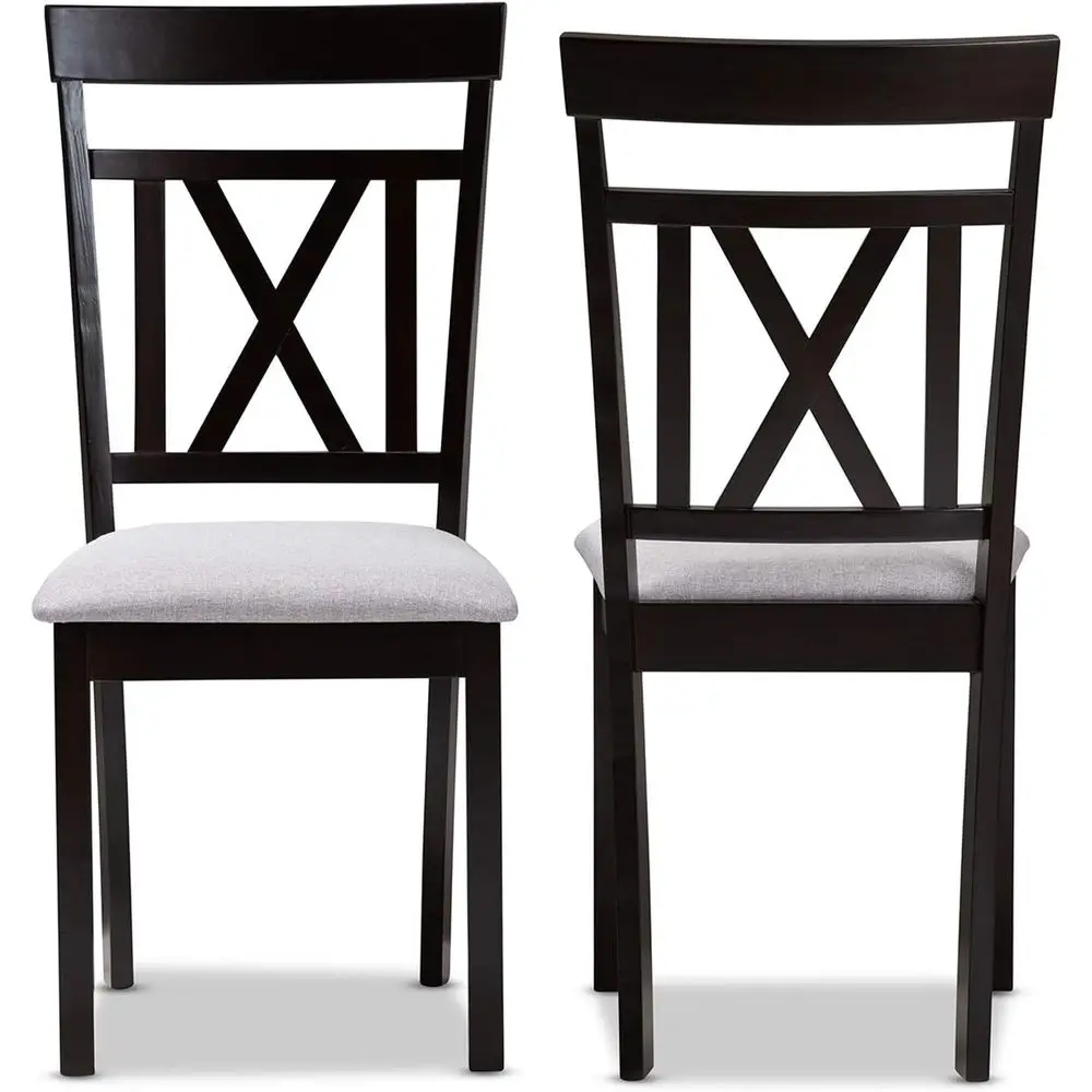 Cadeira de jantar Rosie e cadeira de jantar estofada em tecido cinza e acabamento em marrom expresso