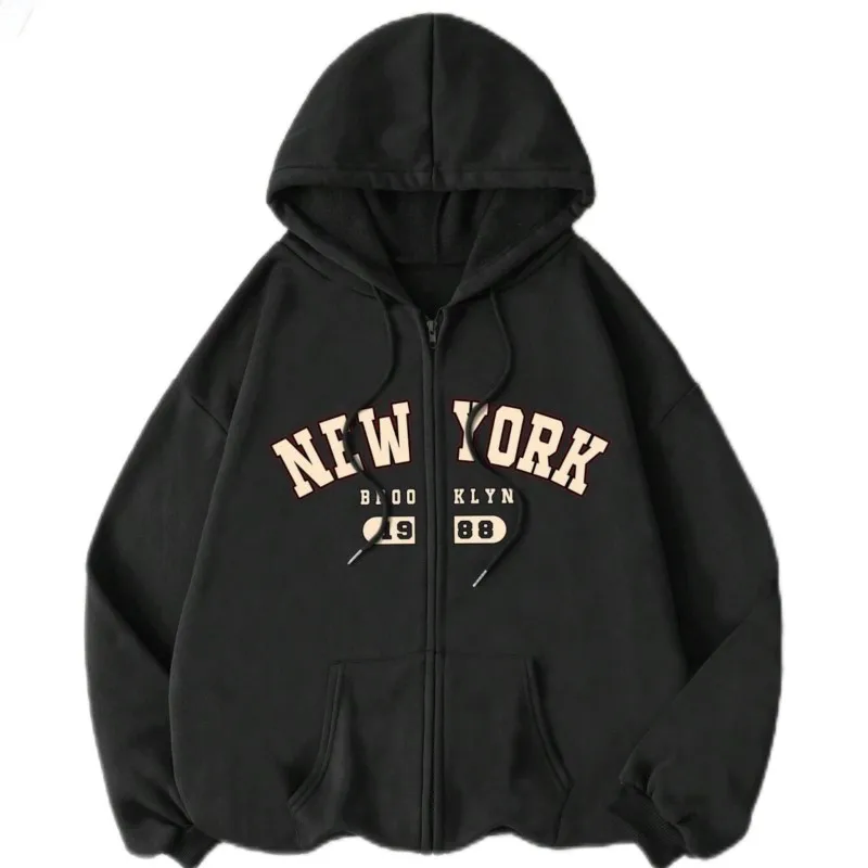 New York Brooklyn 1988 Letter Printed Zipper Hoodie Women Warm Fleece Loose Sweatshirt Casual Street Female Sportswears Clothing