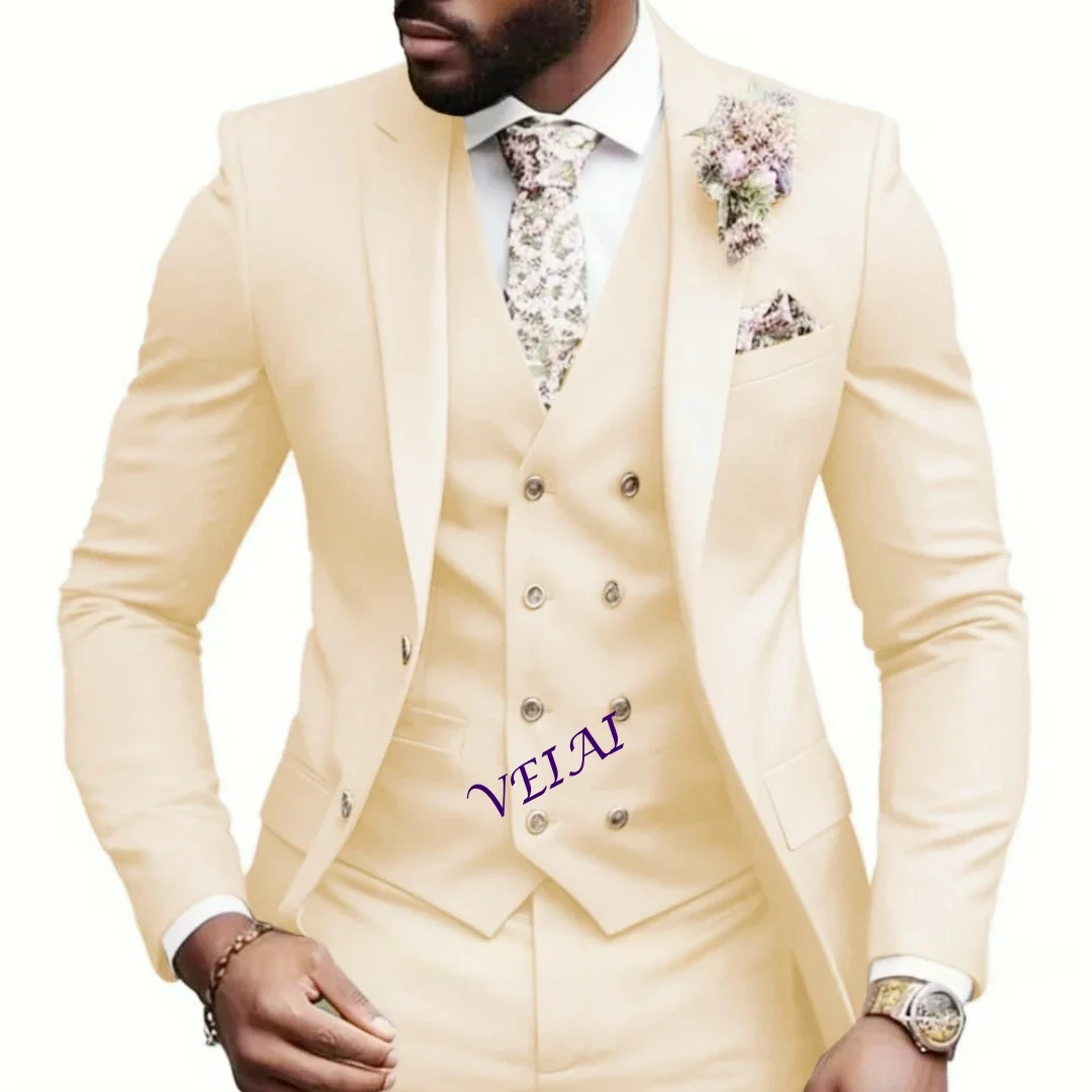 

CustomizedCasual Jacket Vest Pants 3Pcs Elegant Pink Wedding Suits for Men Slim Fit Notch Lapel Blazer Best Man Groom Suit Male