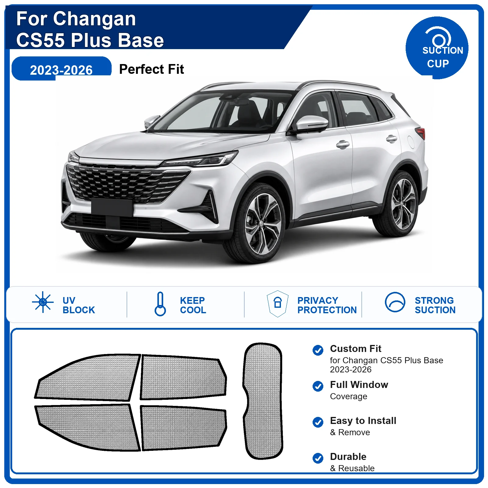For Changan CS55 Plus Base 2023-2026 Custom Full Set Windshield Sun Shade Aluminum Foil Heat Insulation Anti UV Foldable