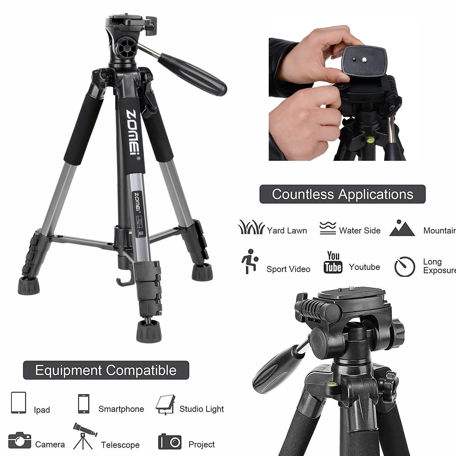 Imagem -04 - Suporte de Tripé de Telefone de Alumínio Zomei de 140 cm 55 com 360 ° Cabeça Panorâmica e Placas Rápidas para Câmera Digital Profissional Móvel Dslr