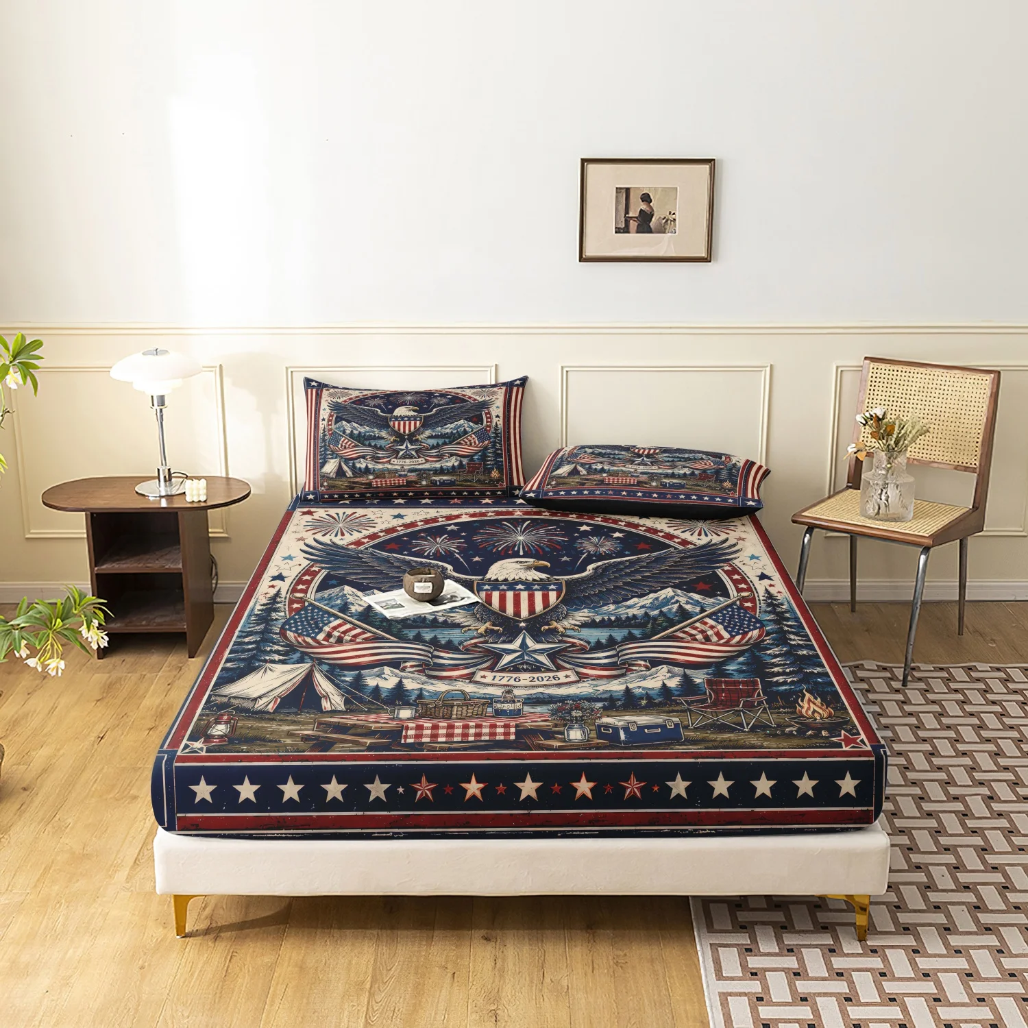 3Pcs Patriotic Bald Eagle Mountain Camping Print Fitted Sheet Set, Red White Blue Star Flag 1776 Wilderness Camp Print Bedding