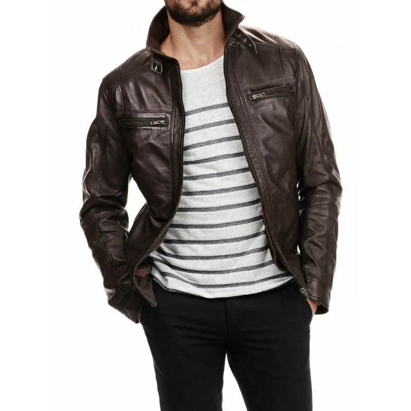 Men's Biker Leather Jacket Brown Lambskin Zipper Closure Winter Cover