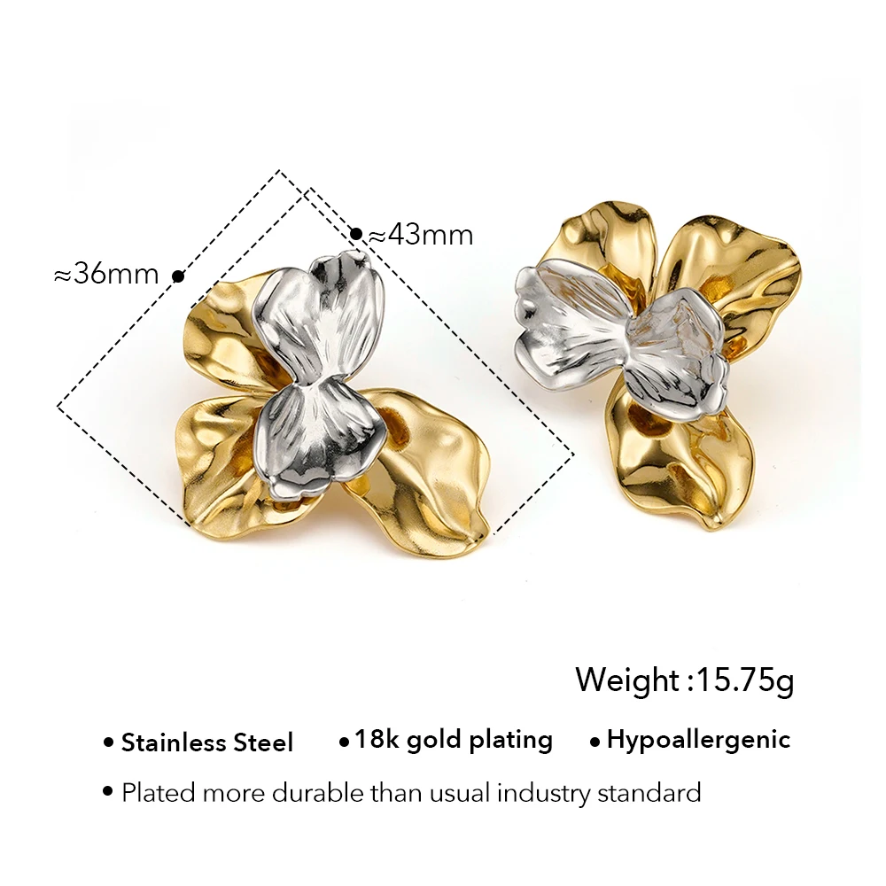 Two-Tone Flower Stud Earrings - 18K Gold Plated Stainless Steel