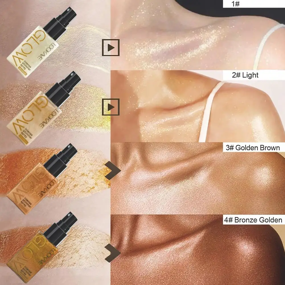 Destaque do pulverizador do brilho do corpo, iluminador líquido do diamante hidratante de secagem rápida de 4 cores para a pele preta/branca todas as partes do corpo