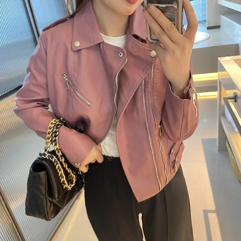 Slim Short Faux Leather Coat Spring Women Streetwear Korean Beige Pink Black Lapel Long Sleeve Cropped Motorcycle Biker Jacket