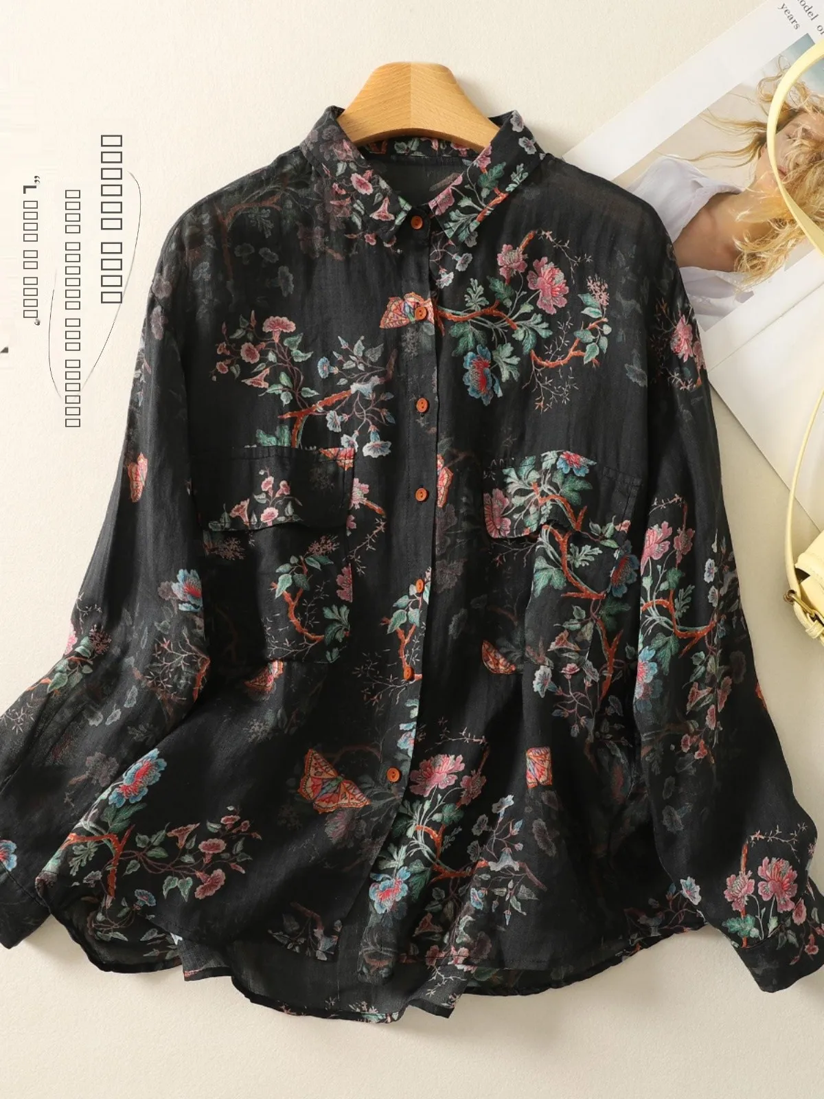 

High-End Women's Cotton Linen Long Sve Loose Fitting irt Artistic National Sle Versatile Faion plus Size Inner Wear