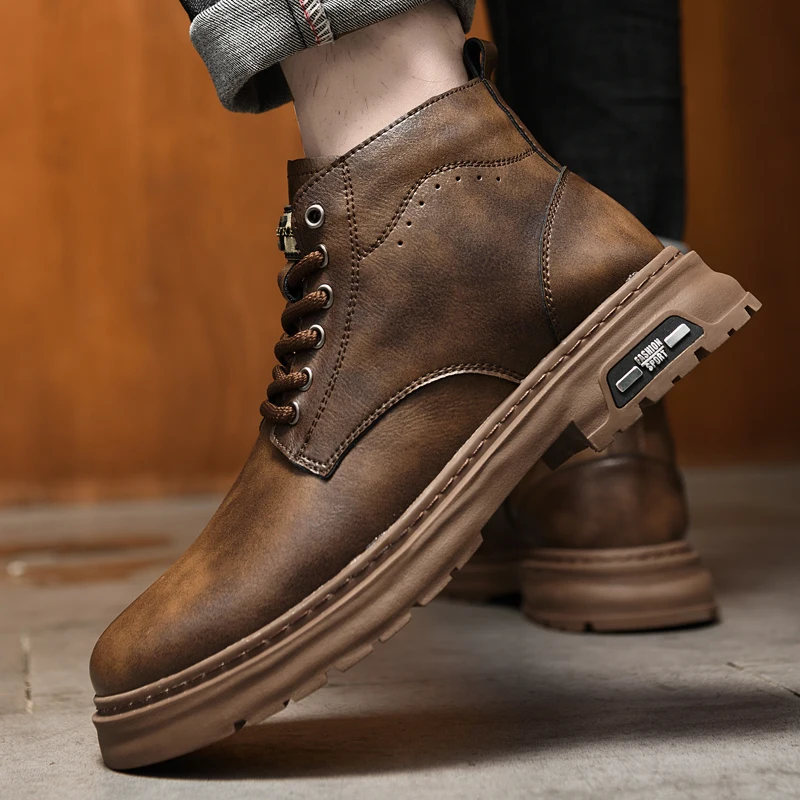 men's-casual-leather-boots-38-44-brown-glossy-leather-lace-up-with-thick-platform-sole-retro-stitching-for-urban-wear​