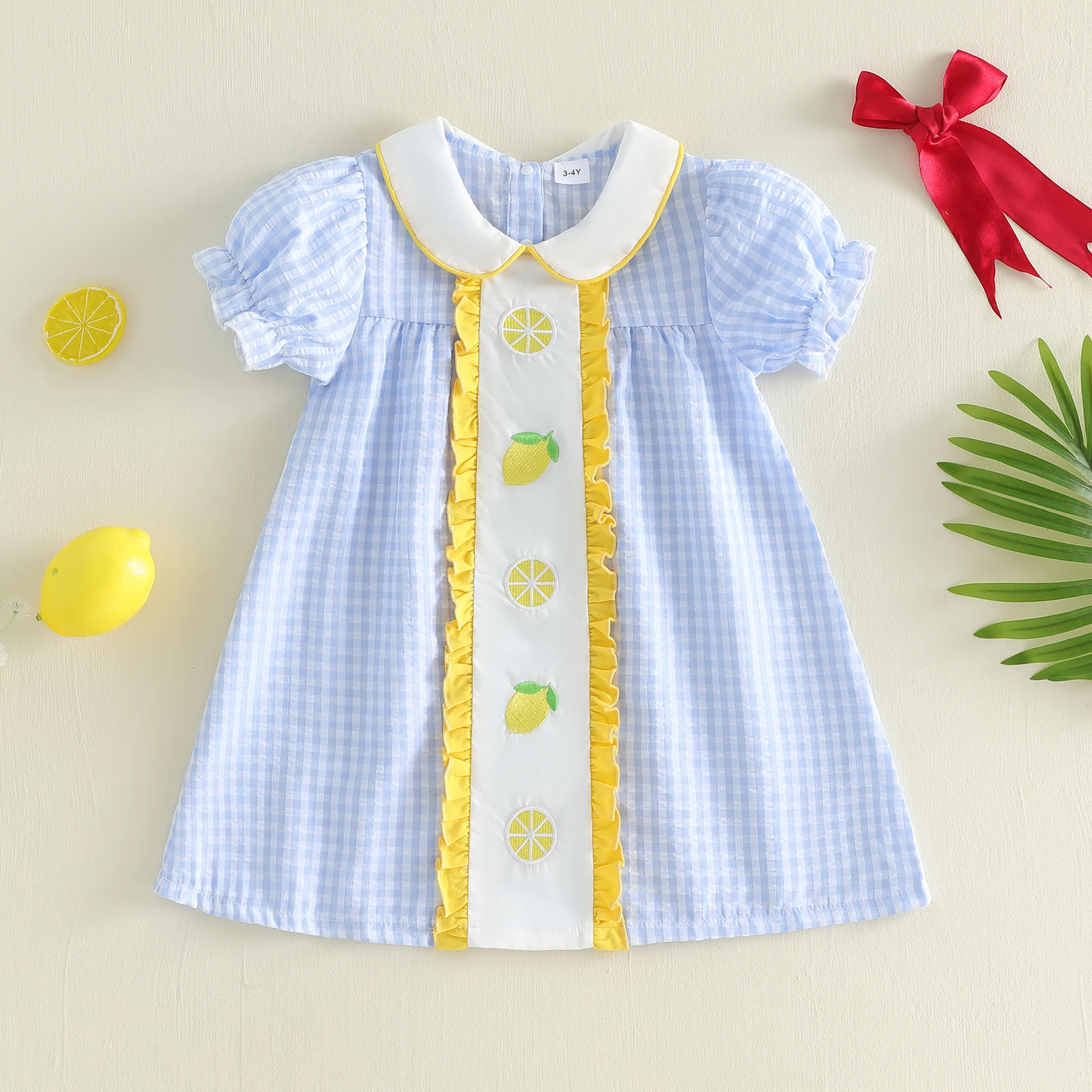 VISgogo 1-6Y Toddler Baby Girl Dress Puff Short Sleeve Doll Collar Lemon/Strawberry/Cherry Embroidery Plaid Print A Line Dress