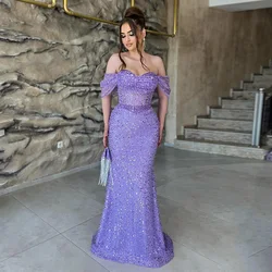 Lilac Evening Dress Saud Arabian Customized Off The Shoulder Sweetheart Pearls Sequined Mermaid Party Gown Sequined Prom Dresses