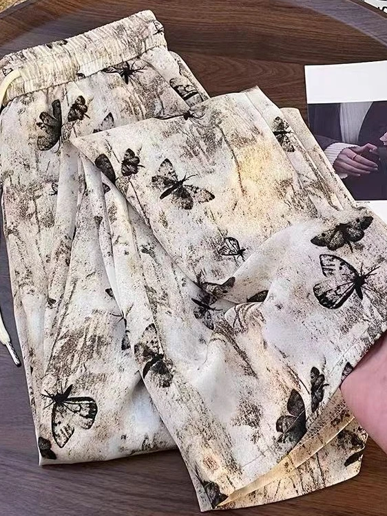 

Новые китайские брюки из ледяного шелка с принтом под водную роспись, широкие, женские, летние, тонкие, с высокой талией, стройнящие, струящиеся, прямые