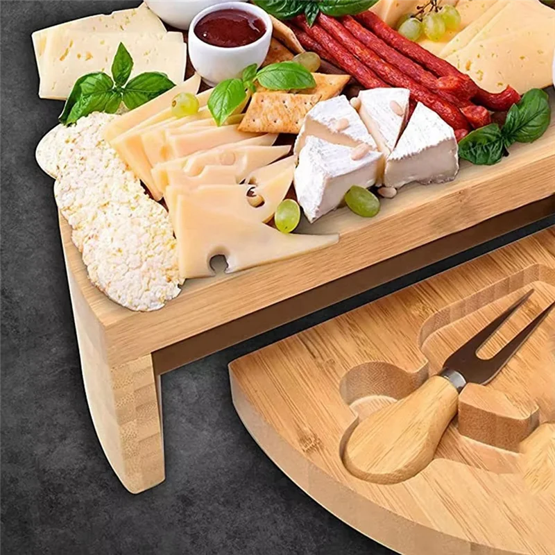 1Set Cheese Board Cutlery Cutter Set With Slide Out Drawer Cooking Tools Slicer Fork Scoops Cut Kitchen Storage