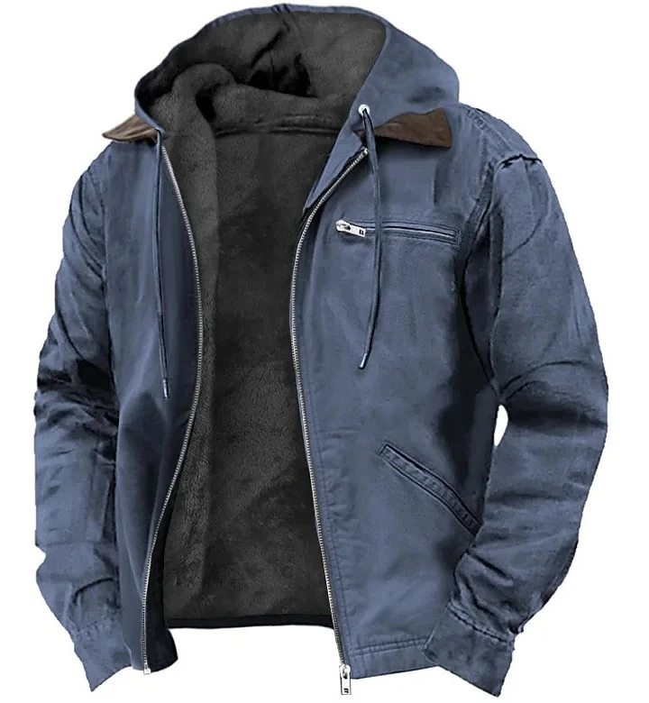 

Pure color hooded cotton jacket for men, casual wear, with lining, zippered pockets, and jacket coat