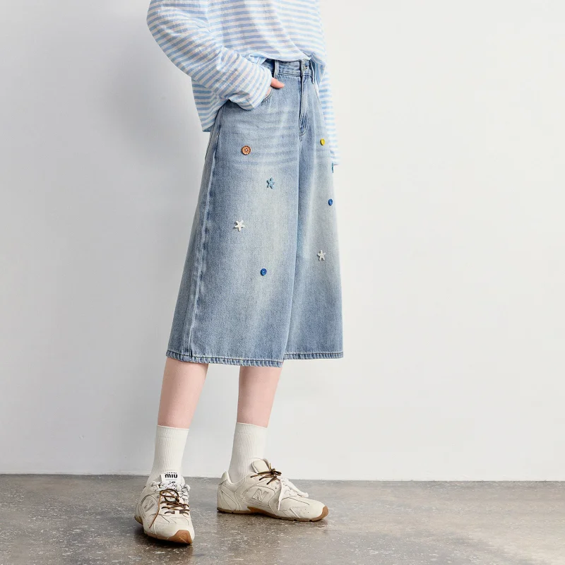 TOYOUTH Women Focus Jeans 2026 Summer New Rainbow Bead Buttons High Waist Wide Leg Cropped Pants